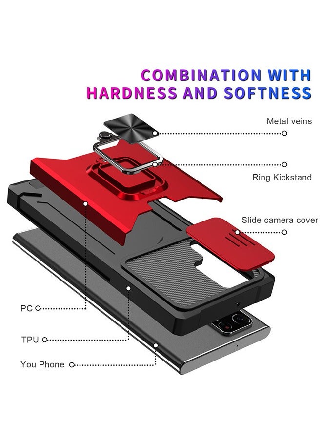 Generic - For Samsung Galaxy S24 Ultra Case with Card Holder, Galaxy S24 Ultra Case with Slide Camera Cover and 360° Rotate Ring Kickstand Magnetic car mount Phone Cover Case for Samsung Galaxy S24 Ultra（Red） - Image 1