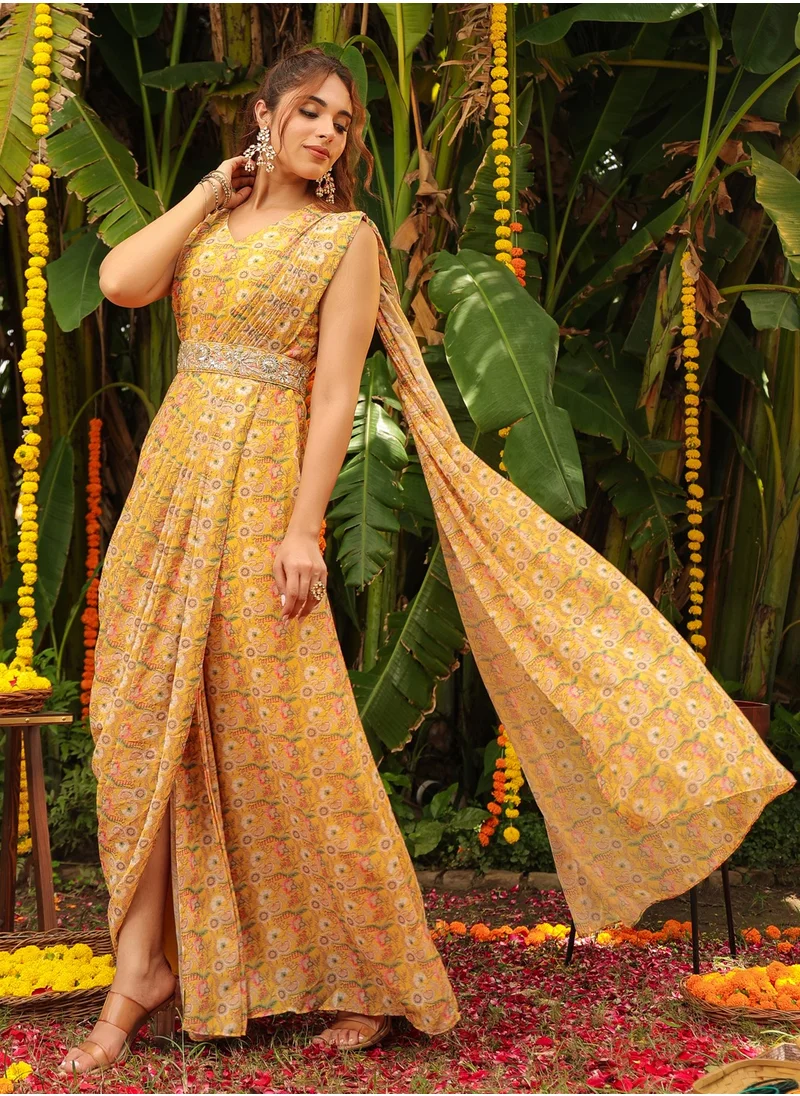 kolaba Mustard Georgette Printed Saree Dress