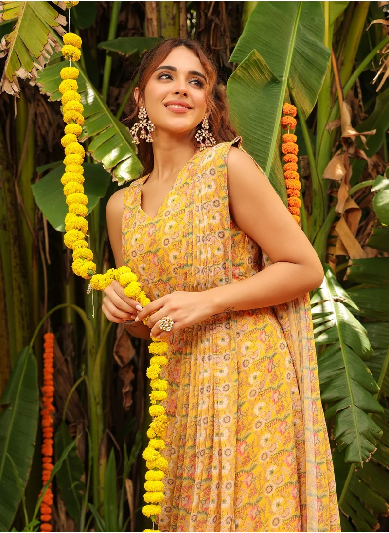 kolaba Mustard Georgette Printed Saree Dress