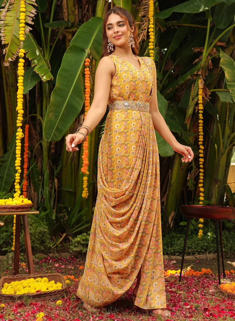 kolaba Mustard Georgette Printed Saree Dress
