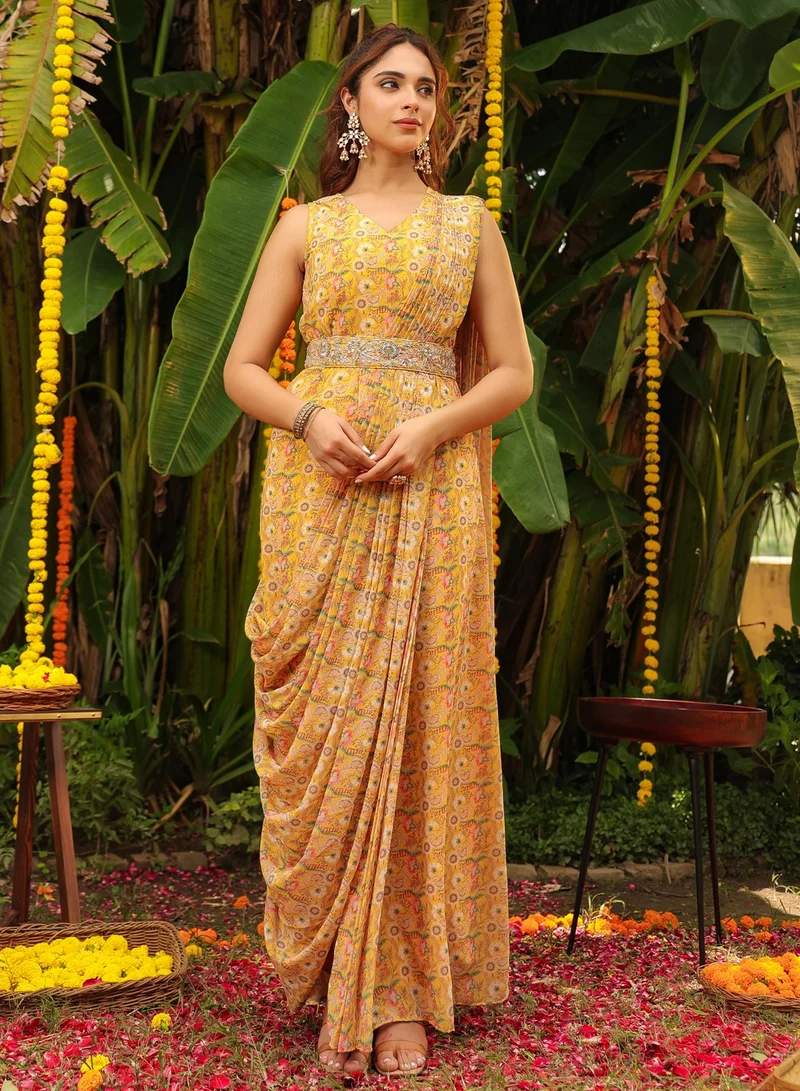 kolaba Mustard Georgette Printed Saree Dress