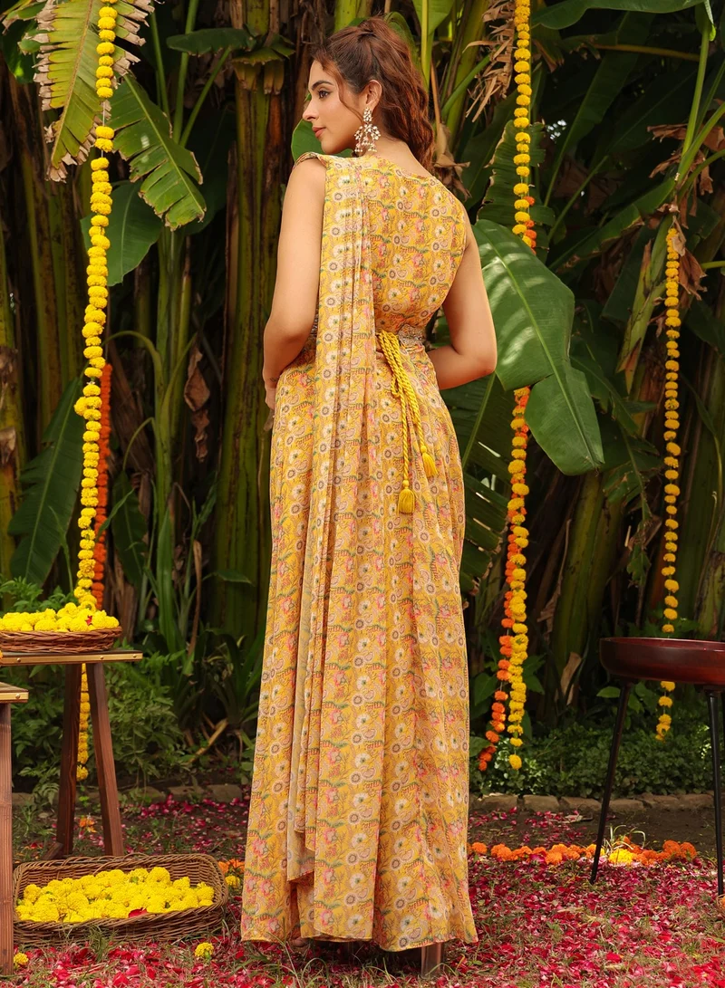 kolaba Mustard Georgette Printed Saree Dress