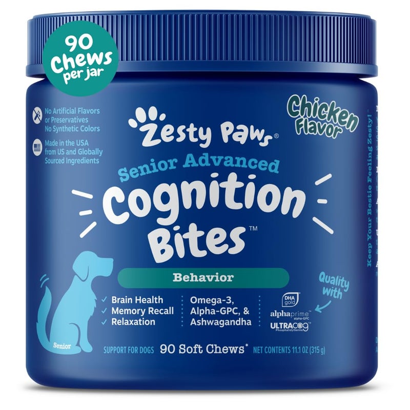 Zesty Paws Advanced Cognition Soft Chews for Dogs - with Omega 3 DHA, Ashwagandha & Alpha GPC - for Senior Dog Brain Health & Nervous System Support - Supplement for Calming & Relaxation - 90 Count - Image 1
