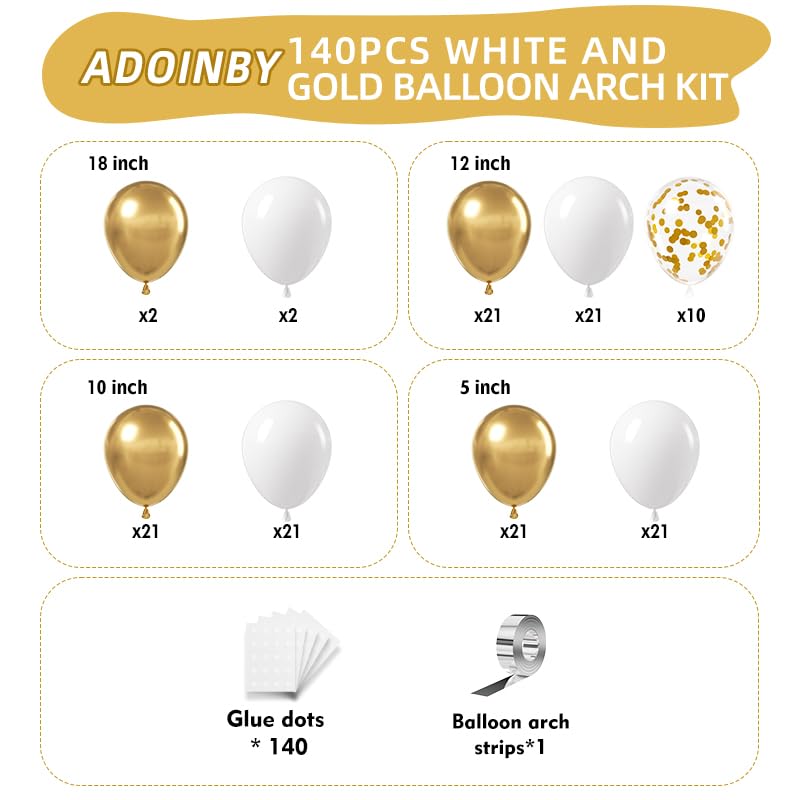 ADOINBY White and Gold Balloon Arch Kit, 140Pcs Matte White Metallic Gold and Gold Confetti Party Balloon Garland Kit for Wedding, Engagements, Birthday, Bridal Shower, Baby Shower Anniversary Decorations - Image 2