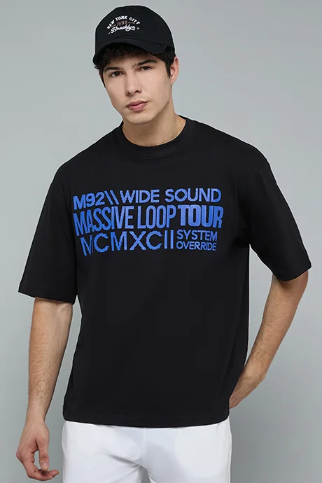 أر أند بي Typography Print T-Shirt with Crew Neck and Short Sleeves