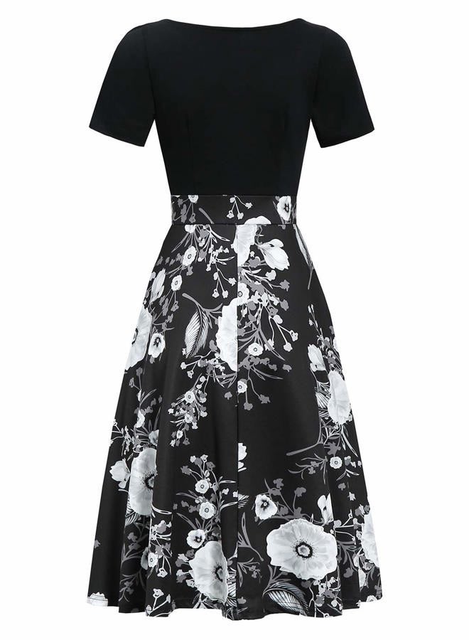 HELYO Women's Elegant Vintage Cotton Casual Floral Print Work Party A-Line Swing Dress with Pockets 162, Black Floral-978, L - Image 3