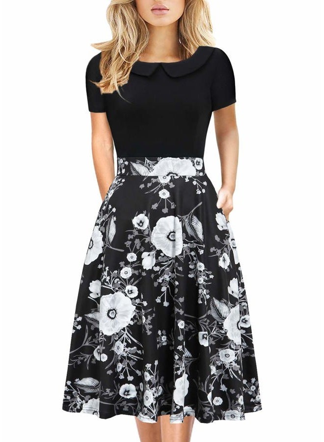HELYO Women's Elegant Vintage Cotton Casual Floral Print Work Party A-Line Swing Dress with Pockets 162, Black Floral-978, L - Image 1