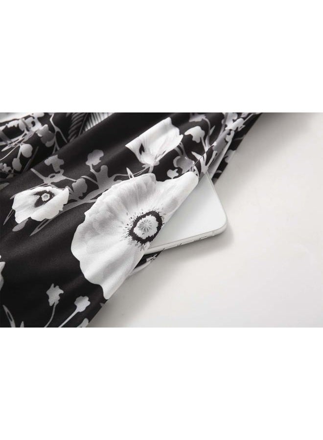 HELYO Women's Elegant Vintage Cotton Casual Floral Print Work Party A-Line Swing Dress with Pockets 162, Black Floral-978, L - Image 5
