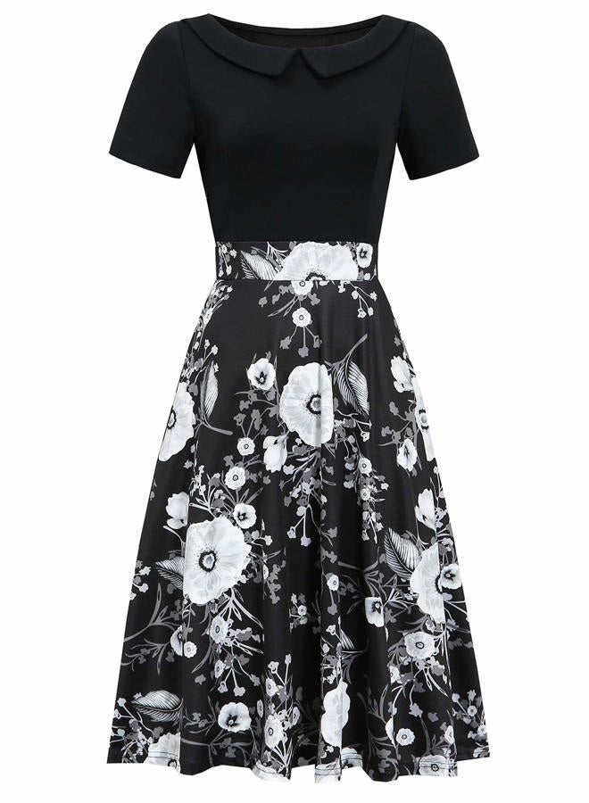 HELYO Women's Elegant Vintage Cotton Casual Floral Print Work Party A-Line Swing Dress with Pockets 162, Black Floral-978, L - Image 2