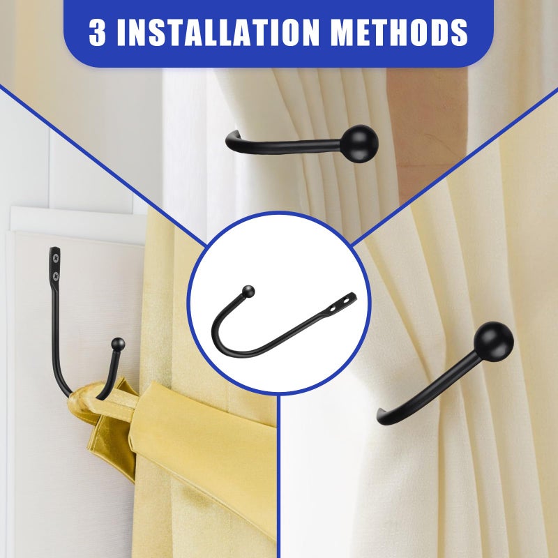 Gaahkai 12PCS Curtain Tie Back Hooks, Metal Curtain Holdbacks Side Tiebacks Wall Mounted with Screws, Black - Image 4