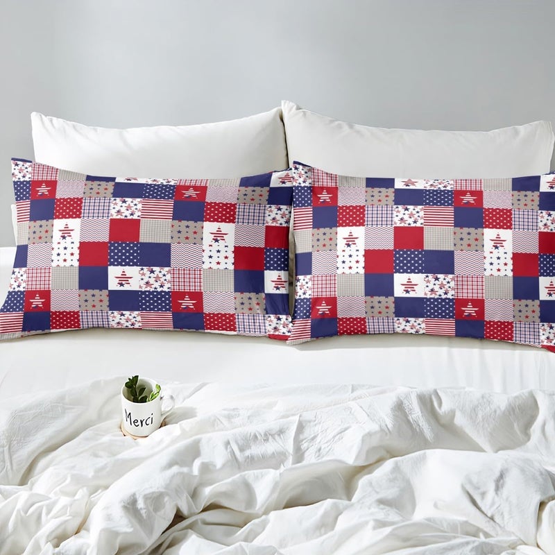Feelyou Patriotic 4th of July Sheet Set Full Size Americana Stars Plaid Bed Sheets for Adults Women Men Independence Day Bed Set Red Blue Sheets 4Pcs,1 Fitted Sheet+2 Pillow Sham+1 Flat Sheet - Image 5