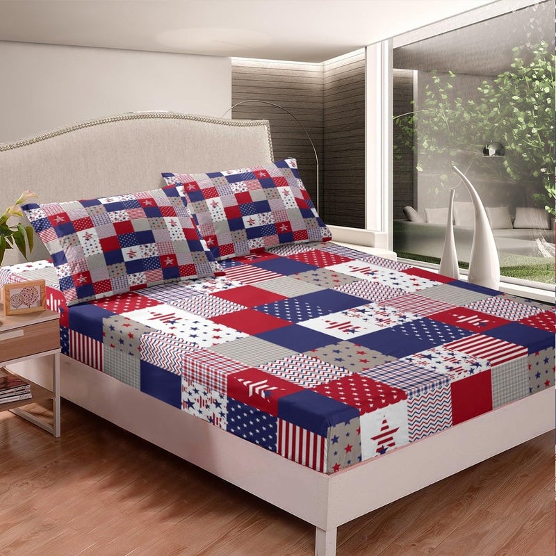 Feelyou Patriotic 4th of July Sheet Set Full Size Americana Stars Plaid Bed Sheets for Adults Women Men Independence Day Bed Set Red Blue Sheets 4Pcs,1 Fitted Sheet+2 Pillow Sham+1 Flat Sheet - Image 3
