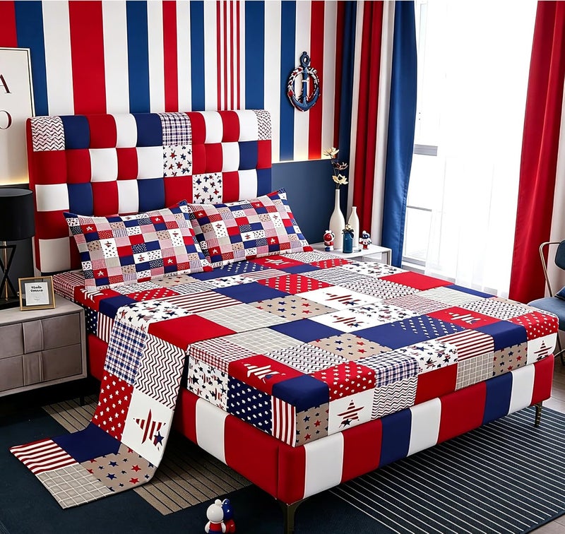Feelyou Patriotic 4th of July Sheet Set Full Size Americana Stars Plaid Bed Sheets for Adults Women Men Independence Day Bed Set Red Blue Sheets 4Pcs,1 Fitted Sheet+2 Pillow Sham+1 Flat Sheet - Image 1
