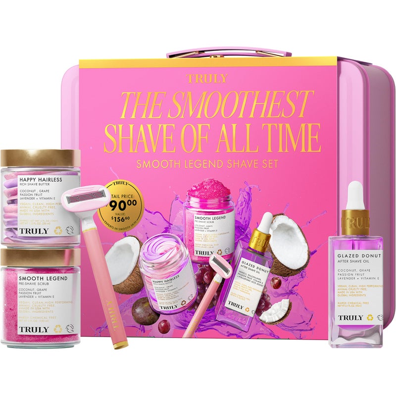 Truly Beauty Ultimate Smooth Legend Shave Set 3Step Kit with Body Scrub Shave Butter After Shave Oil Razor Fuzzy Bag Prevents Ingrowns Redness Soothing Shave Kit for Smooth Skin 5 Pc