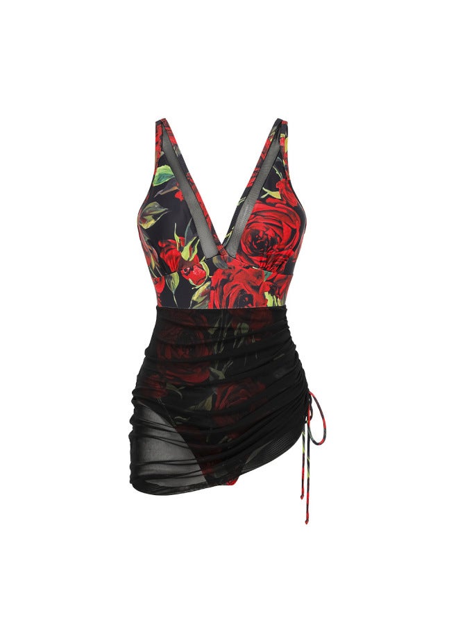 European And American Swimwear New Style Mesh Splicing Print One-piece Swimsuit High-end Swimsuit