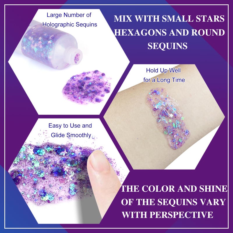 MEICOLY Light Purple Hair Glitter,Chameleon Purple Mermaid Face Glitter,Glitter Face Paint for Halloween,Mardi Gras Outfit for Women,Rave Glitter Makeup Sparkle Chunky Glitter for Women,50ml - Image 4