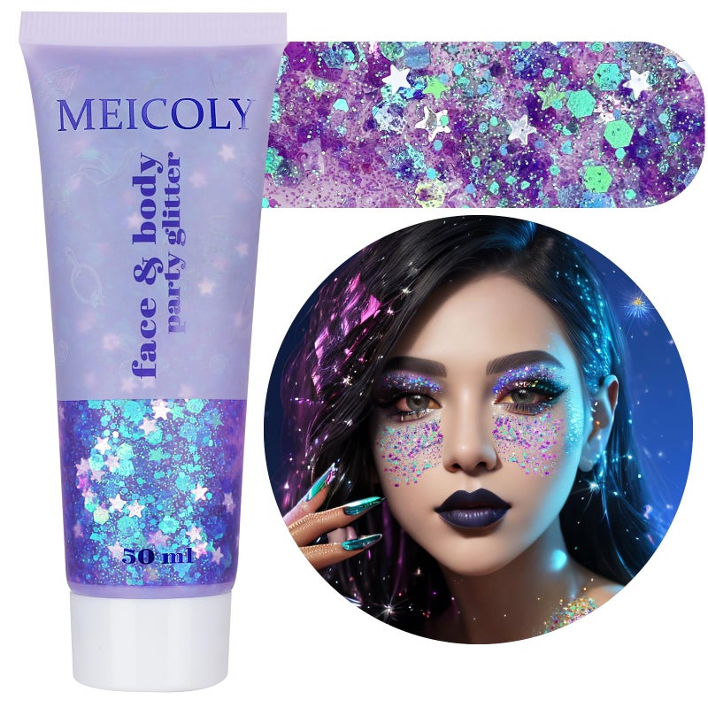 MEICOLY Light Purple Hair Glitter,Chameleon Purple Mermaid Face Glitter,Glitter Face Paint for Halloween,Mardi Gras Outfit for Women,Rave Glitter Makeup Sparkle Chunky Glitter for Women,50ml - Image 1