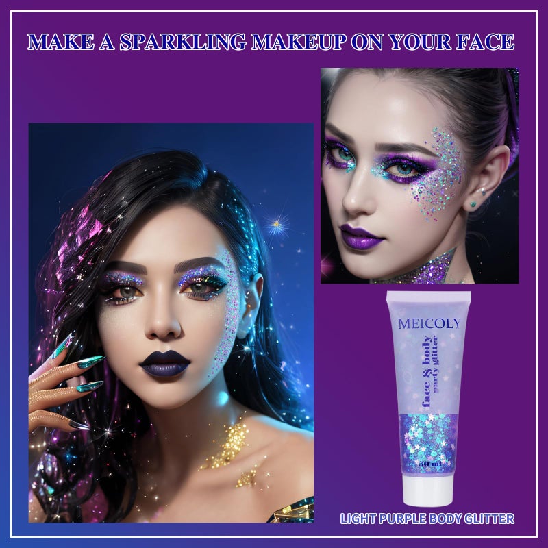 MEICOLY Light Purple Hair Glitter,Chameleon Purple Mermaid Face Glitter,Glitter Face Paint for Halloween,Mardi Gras Outfit for Women,Rave Glitter Makeup Sparkle Chunky Glitter for Women,50ml - Image 3