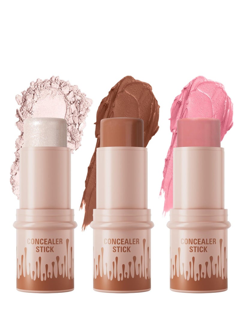 3 Colors Cream Contour Sticks Kit Contour Highlighter Blush Makeup Set Blusher Bronzer Highlighting Sticks for Cheek Long Lasting Smooth Natural Face Contouring Illuminator - Image 1