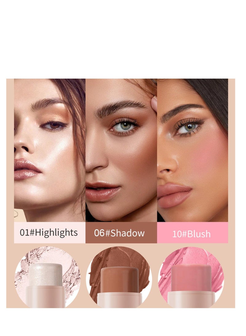3 Colors Cream Contour Sticks Kit Contour Highlighter Blush Makeup Set Blusher Bronzer Highlighting Sticks for Cheek Long Lasting Smooth Natural Face Contouring Illuminator - Image 2