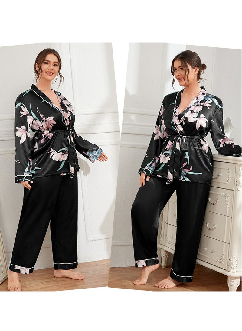 Loquat Women's Large Size Floral Printed 2-Piece Set Nightgown Sleepwear Long Sleeve Top And Pants Soft Loungewear Pajamas Suit Black Mix - Image 2