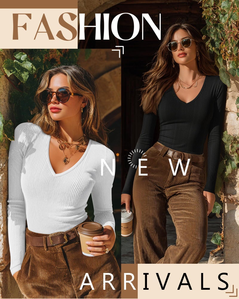 Riyiper 3 Pack Women Long Sleeve Shirts, 95% Cotton V Neck Ribbed Knit Tops Slim Fit Casual Going Out Tee Shirts(Black, White, Khaki,Small) - Image 5
