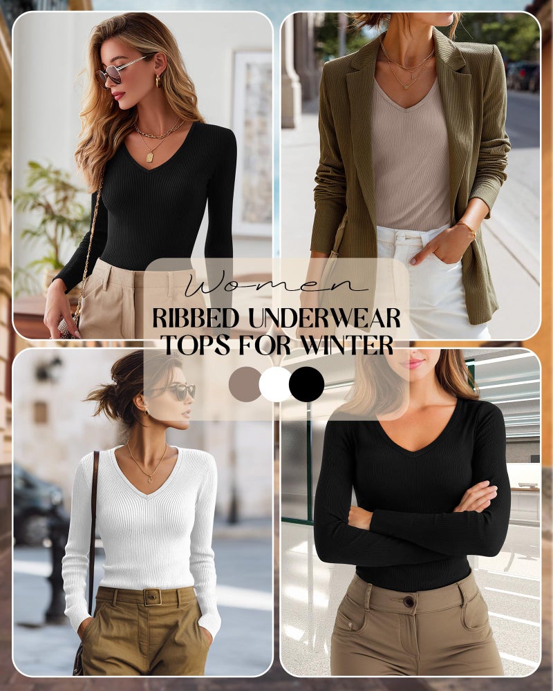 Riyiper 3 Pack Women Long Sleeve Shirts, 95% Cotton V Neck Ribbed Knit Tops Slim Fit Casual Going Out Tee Shirts(Black, White, Khaki,Small) - Image 2