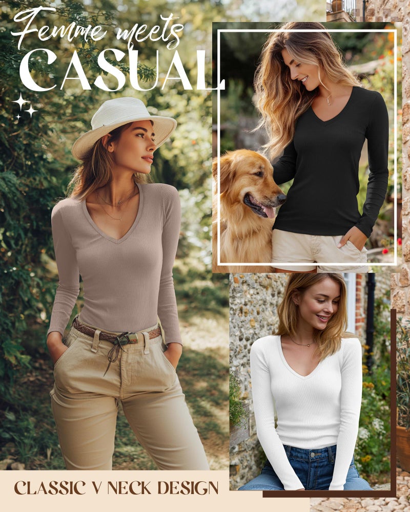 Riyiper 3 Pack Women Long Sleeve Shirts, 95% Cotton V Neck Ribbed Knit Tops Slim Fit Casual Going Out Tee Shirts(Black, White, Khaki,Small) - Image 3