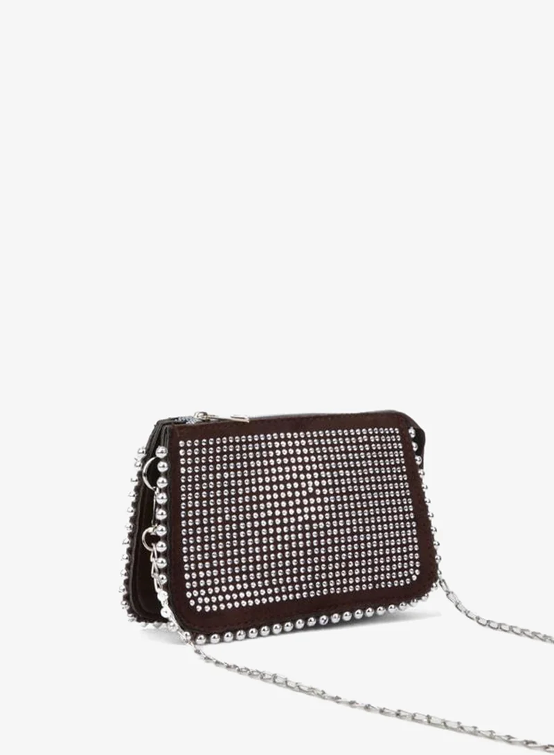Women's Zerrin Brown Edge and Sequined Suede Mini Hand, Wrist, and Shoulder Bag with Zipper Closure.