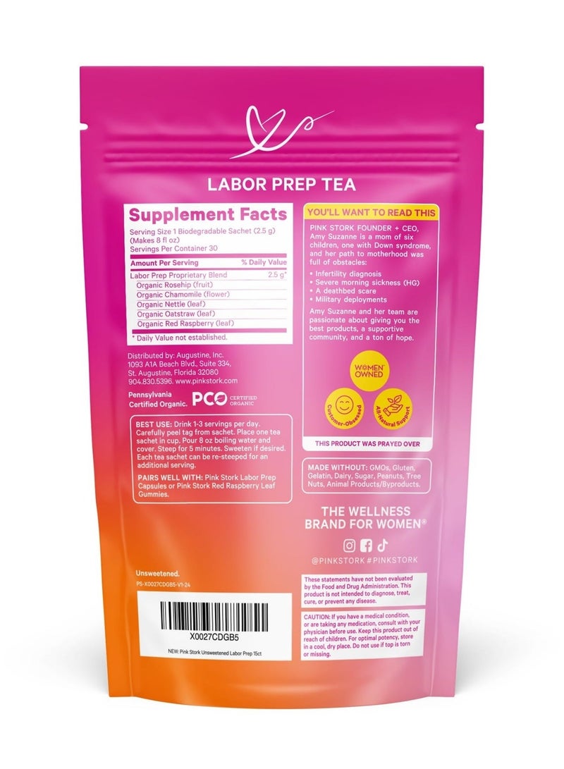 Pink Stork شاي تحضير المخاض مع ورق التوت الأحمر + القراص، 15 كيس، نكهة زهرية، للشاي الساخن أو المثلج، مكمل غذائي - Image 2