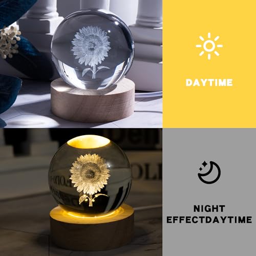 QIANCHANG 3D Laser Etched Sunflower Crystal Ball, Sunflower Decor Glass Sphere Lamp Night Light, Crystal Flower Figurines Collectibles Gifts for Mom Women Girls - Image 3