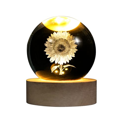 QIANCHANG 3D Laser Etched Sunflower Crystal Ball, Sunflower Decor Glass Sphere Lamp Night Light, Crystal Flower Figurines Collectibles Gifts for Mom Women Girls - Image 1