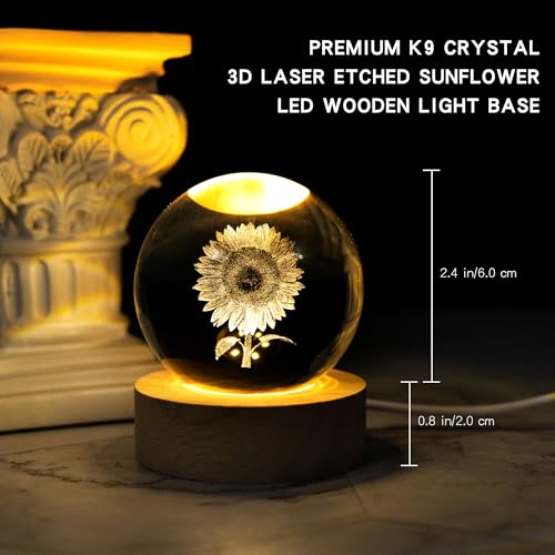 QIANCHANG 3D Laser Etched Sunflower Crystal Ball, Sunflower Decor Glass Sphere Lamp Night Light, Crystal Flower Figurines Collectibles Gifts for Mom Women Girls - Image 2