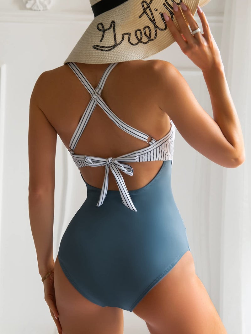 Eomenie Women's One Piece Swimsuits Tummy Control Cutout High Waisted Bathing Suit Wrap Tie Back 1 Piece Swimsuit Blue Striped - Image 3