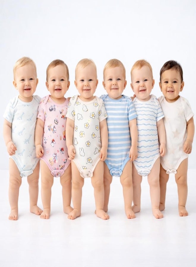 ZIKKU Baby Cotton Onesies Pack of 6 | Soft Cotton Baby Rompers for Boys & Girls | Printed Newborn Baby Bodysuit Set | Comfortable (9-12 Months) - Image 1