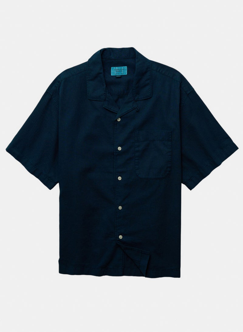 American Eagle AE Relaxed Fit Linen-Blend Camp Collar Shirt - Image 3