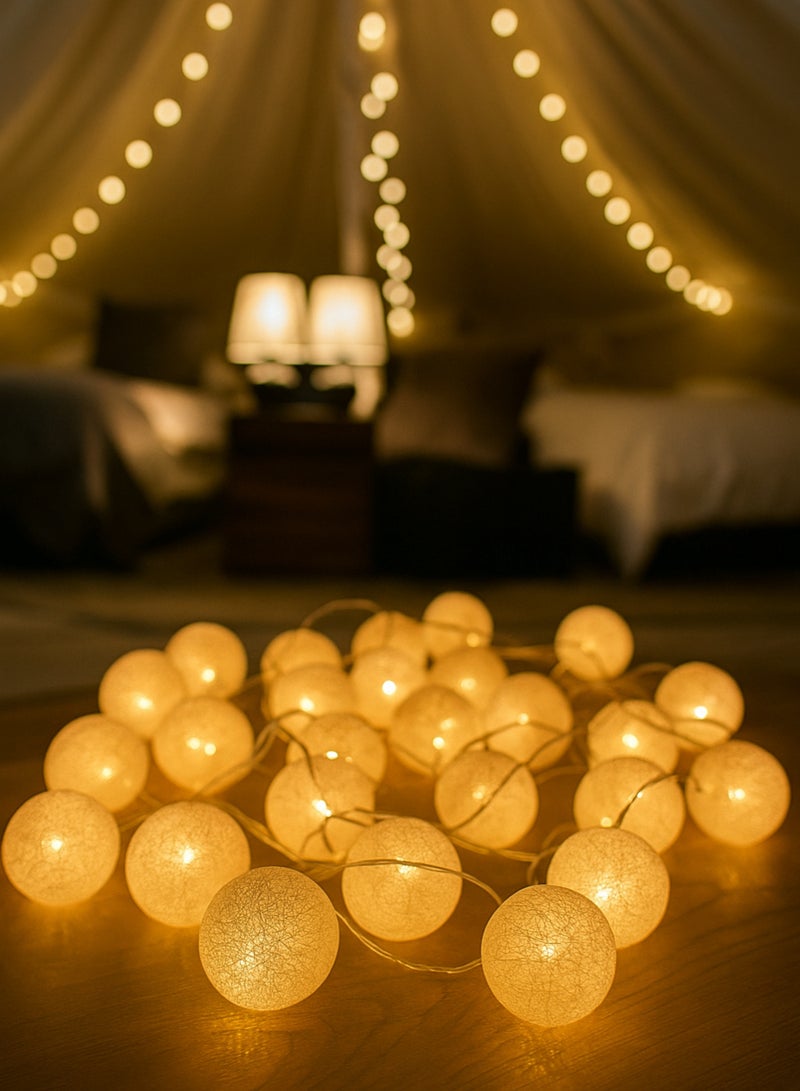 LED Ball String Lights | Warm White Cotton Ball Fairy Lights for Indoor & Outdoor Decoration, 3m (20 LEDs) | Decorative Lighting for Party, Christmas, Diwali, Ramadan, Wedding & Home Décor - DPL 782 - Image 1
