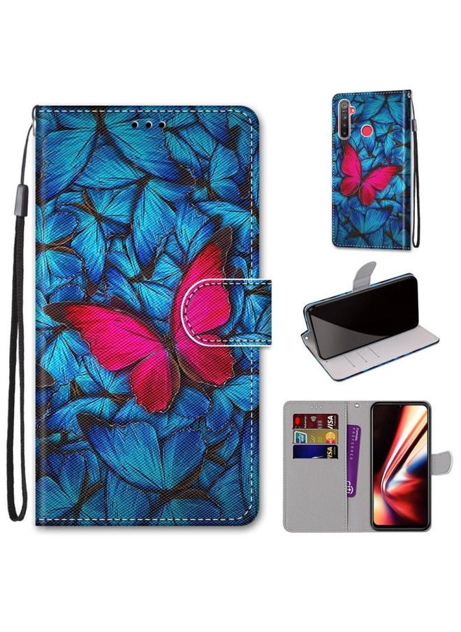 HuHa Case Cover For Realme 5 / 5s / 5i / C3 / C3i / 6i / Narzo10 / 10A / 20A Coloured Drawing Cross Texture Horizontal Flip PU Leather Case with Holder & Card Slots & Wallet & Lanyard Blue Red Butterfly 