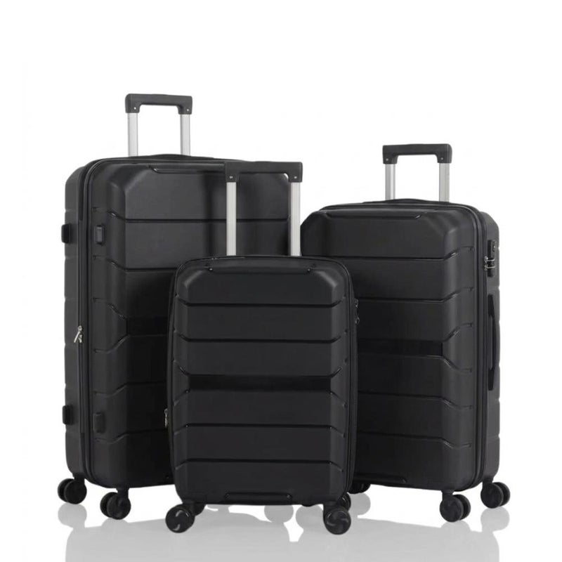 3-Piece Shatterproof Silicone Luggage Set, Durable Polypropylene Material, Stylish Geometric Design with Extra Expansion Zipper, Black
