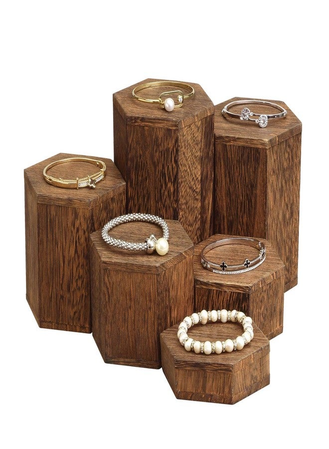 MOOCA Wooden 6 Pcs Hexagon Risers for Display Jewelry and Accessories Display Stand, Brown - Image 1