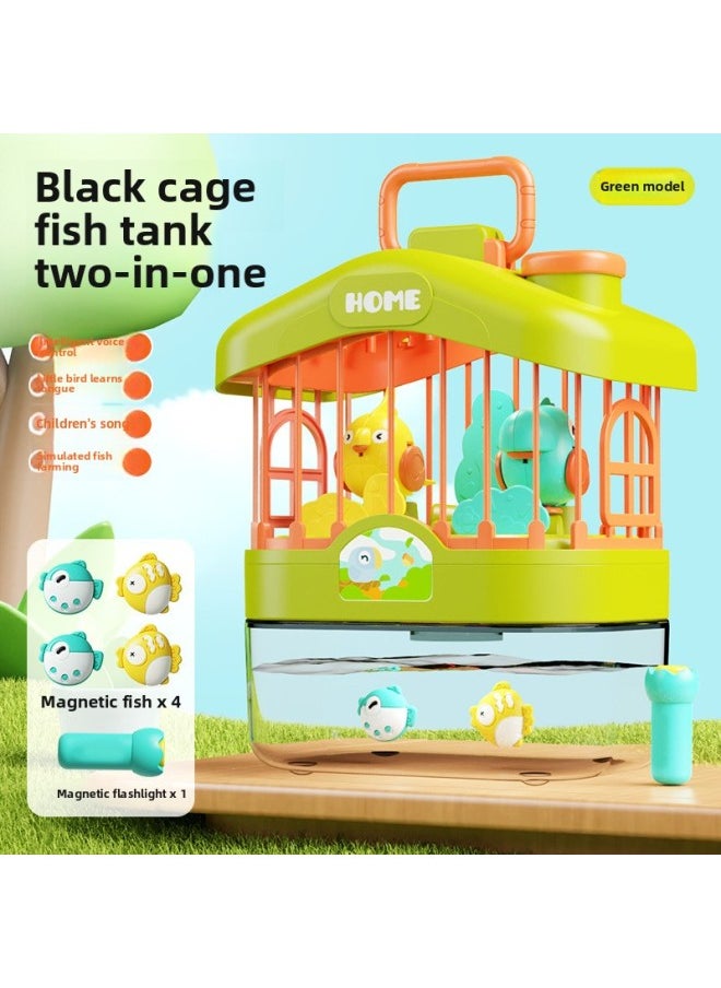 Children's Toys Talking Birdcage Aquarium Early Education Voice Control Induction Simulation Bird With Light Music Educational Toys-Color:Green [rechargeable Model - Deluxe Edition] 2-in-1 Birdcage Fish Tank - Voice Controlled Learning To Talk E-commerce Box  - Image 1