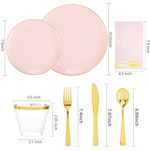 NOCCUR 350PCS Pink Plates Disposable Pink Gold Plastic Dinnerware Set for 50 Guests Include 100 DinnerDessert Plates150 Cutlery50 Cups50 Napkins Ideal for PartyWeddingValentines Day - Image 5