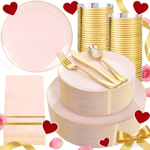 NOCCUR 350PCS Pink Plates Disposable Pink Gold Plastic Dinnerware Set for 50 Guests Include 100 DinnerDessert Plates150 Cutlery50 Cups50 Napkins Ideal for PartyWeddingValentines Day - Image 2