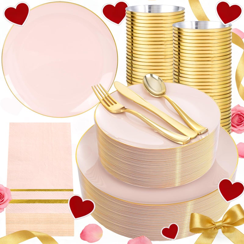 NOCCUR 350PCS Pink Plates Disposable Pink Gold Plastic Dinnerware Set for 50 Guests Include 100 DinnerDessert Plates150 Cutlery50 Cups50 Napkins Ideal for PartyWeddingValentines Day - Image 3