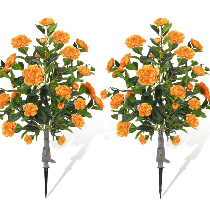 Lunmon 2 Pack 3ft Artificial Camellia Plants Tree 36" Faux Camellia Flower with Spike UV Resistant Realistic Fake Floral Blooming Bush for Indoor Outdoor Front Door Porch Backyard Garden, Orange - Image 1