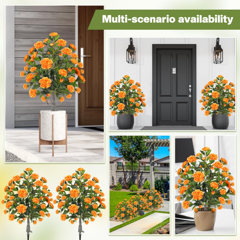 Lunmon 2 Pack 3ft Artificial Camellia Plants Tree 36" Faux Camellia Flower with Spike UV Resistant Realistic Fake Floral Blooming Bush for Indoor Outdoor Front Door Porch Backyard Garden, Orange - Image 3