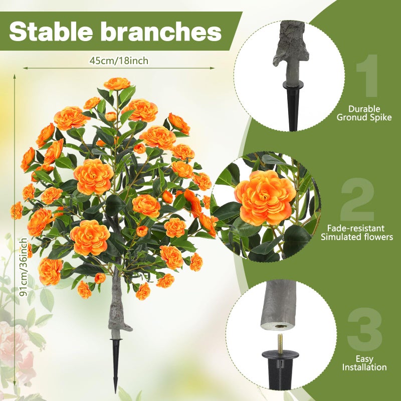 Lunmon 2 Pack 3ft Artificial Camellia Plants Tree 36" Faux Camellia Flower with Spike UV Resistant Realistic Fake Floral Blooming Bush for Indoor Outdoor Front Door Porch Backyard Garden, Orange - Image 2