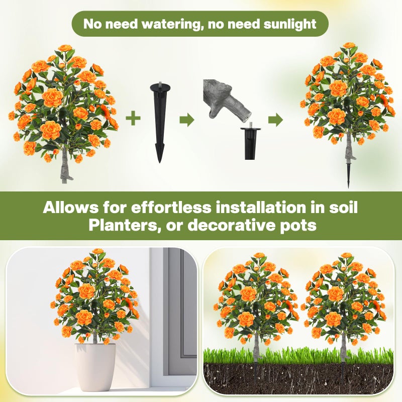 Lunmon 2 Pack 3ft Artificial Camellia Plants Tree 36" Faux Camellia Flower with Spike UV Resistant Realistic Fake Floral Blooming Bush for Indoor Outdoor Front Door Porch Backyard Garden, Orange - Image 5
