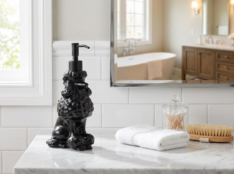 NEWHENGS Poodle Shaped Soap/Lotion/Hand Sanitizer Ceramic Dog Lover Stainless Steel Pump Dispenser for Dog Mom Gifts, Refillable for Kitchen and Bathroom (Black) - Image 2