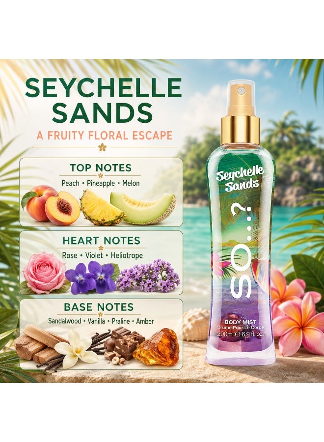 So..? SO…? Summer Escapes Seychelles Sands Body Mist for Women, Oriental Fruity & Vanilla Long-Lasting Fragrance Spray with Peach, Pineapple & Sandalwood, Gift for Women & Teen Girls, 200ml, Pack of 2 - Image 2